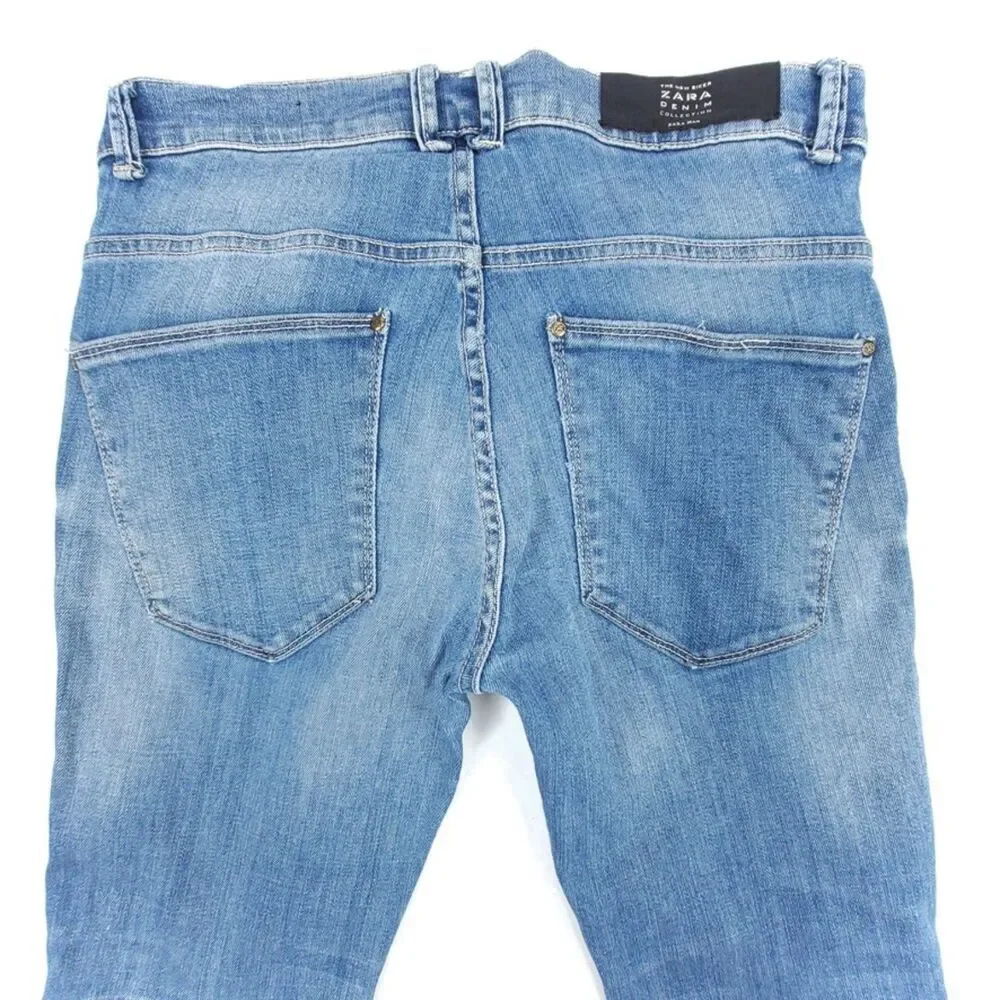 ZARA Man New Biker Moto Ribbed Tailored Skinny Jeans Blue Denim Mens 30 x 32